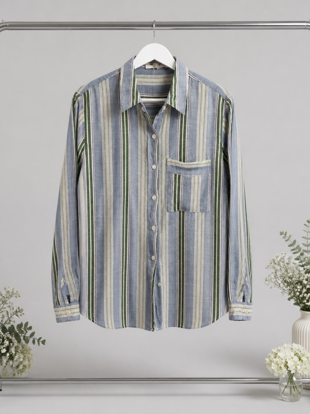 Jane and Delancey Blue and Green Vertical Stripe Button-Down Shirt